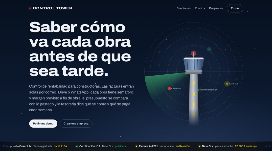 Portada de Control Tower: «Saber cómo va cada obra antes de que sea tarde», con una torre de control y un radar de obras