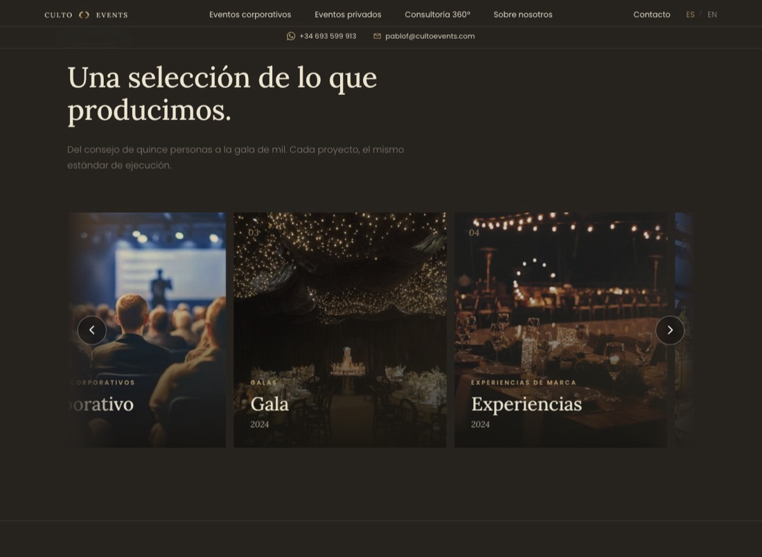 Web de Culto Events: sección de proyectos con eventos corporativos, galas y experiencias de marca