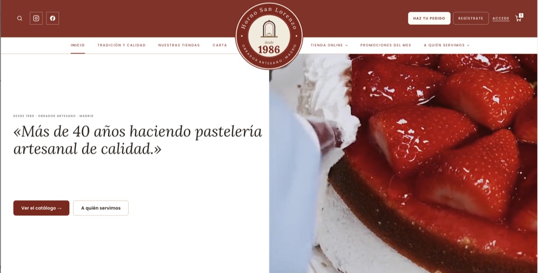 Portada de la nueva web de Horno San Lorenzo con su tarta de frutas y acceso a la tienda online