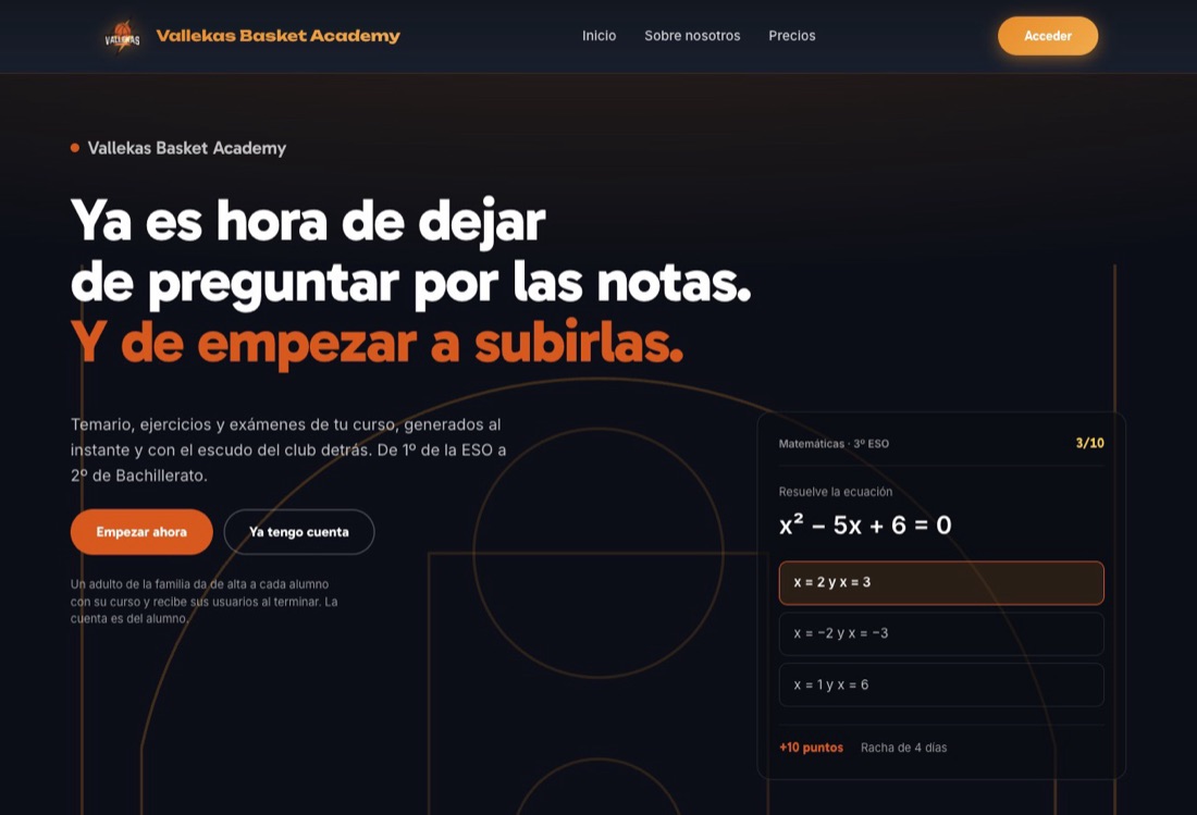 Portada de VKB Academy con un ejercicio de matemáticas de 3º de ESO
